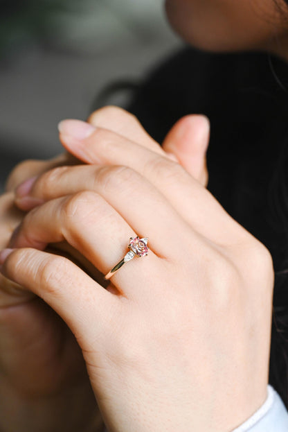 Solid Gold Oval Lab Grown Pink Sapphire Engagement Ring, Three Stone Proposal Ring