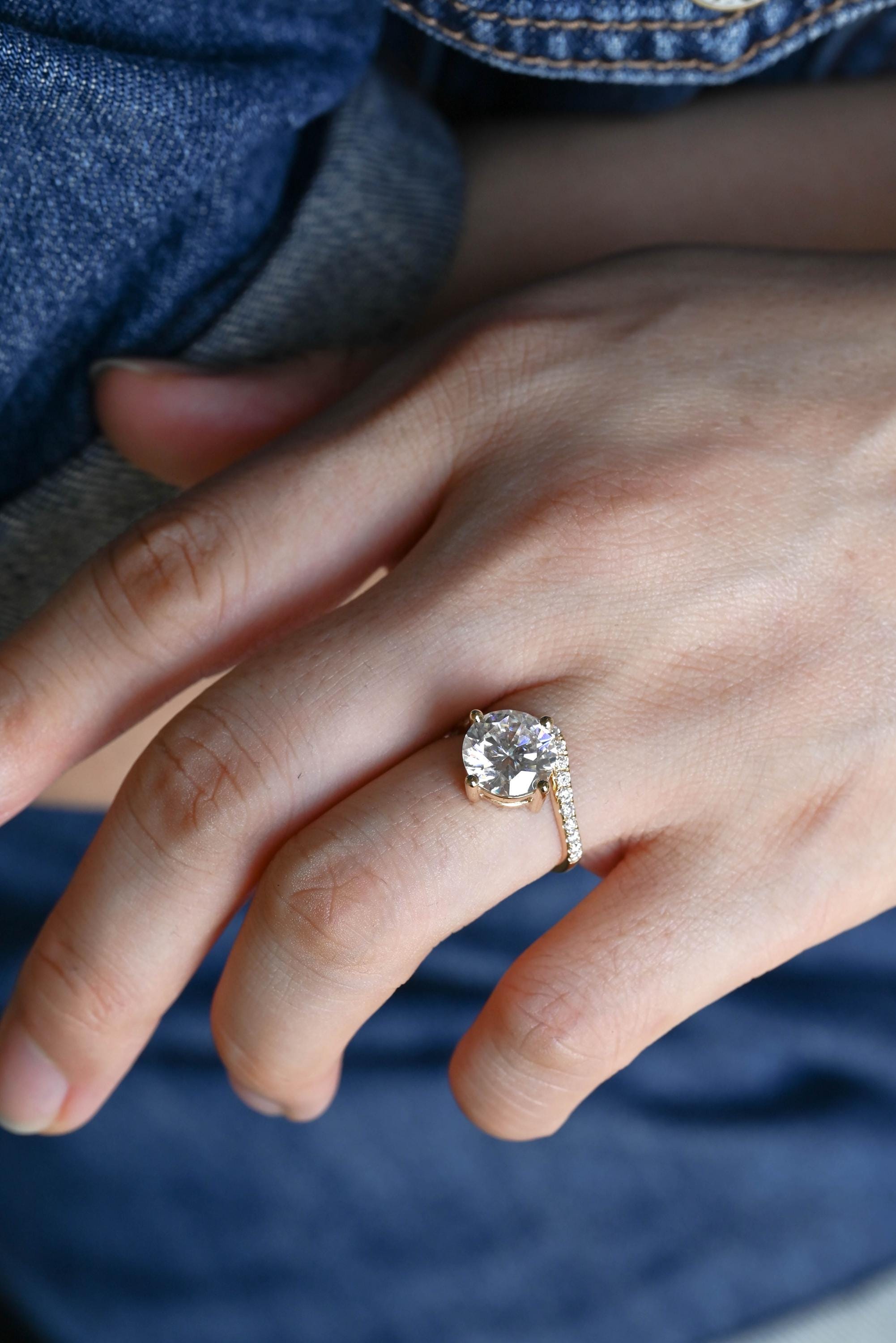 Solid Gold Round Cut Moissanite Sandwich Setting Engagement Ring, Wedding Ring