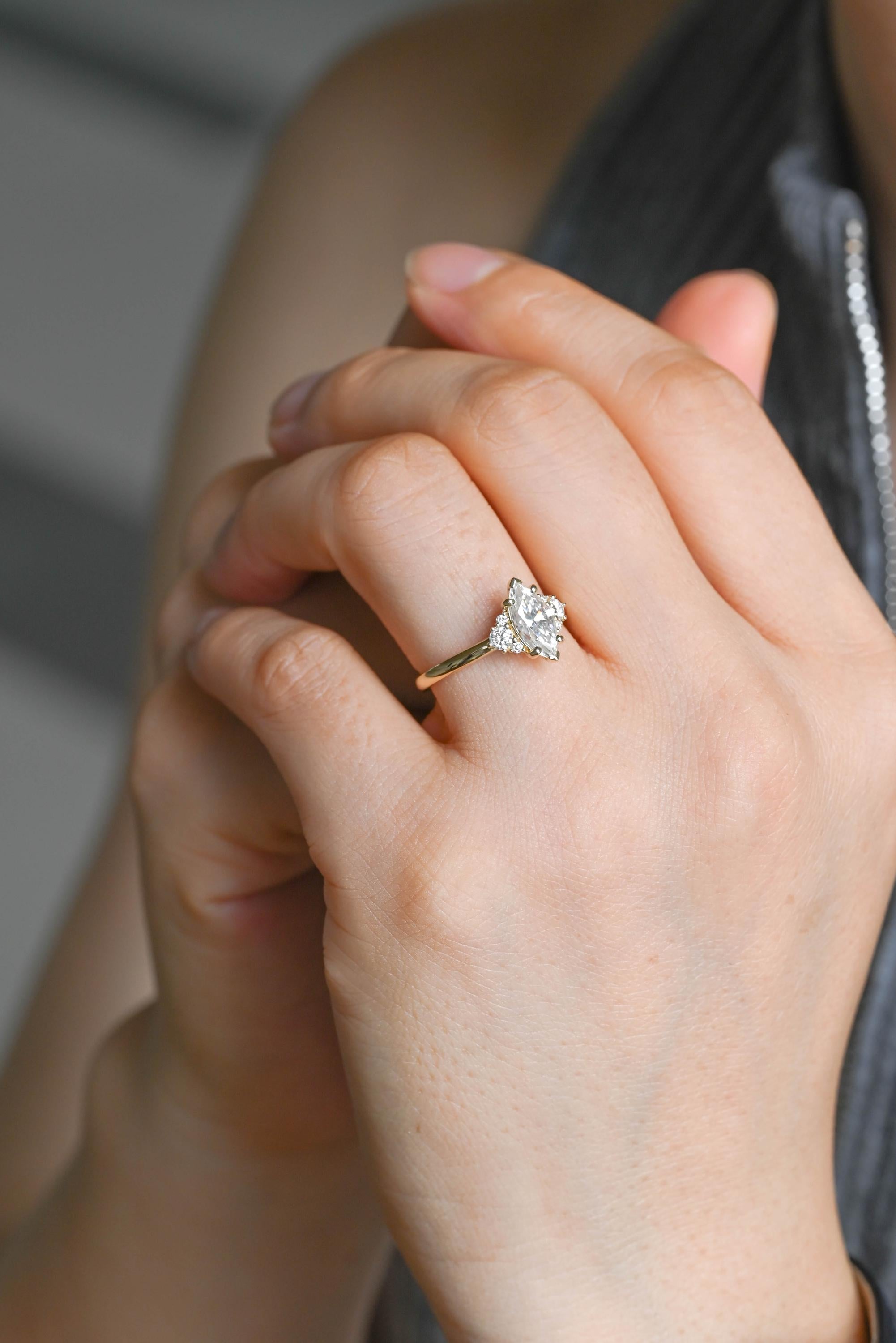 Solid Gold Marquise Moissanite Engagement Ring, Side Cluster Ring, Anniversary Gift