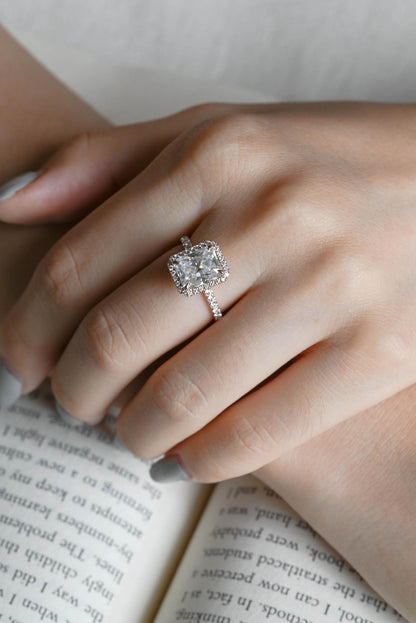 Solid Gold Radiant Cut Moissanite Engagement Ring, Halo Pave Vintage Style Wedding Ring