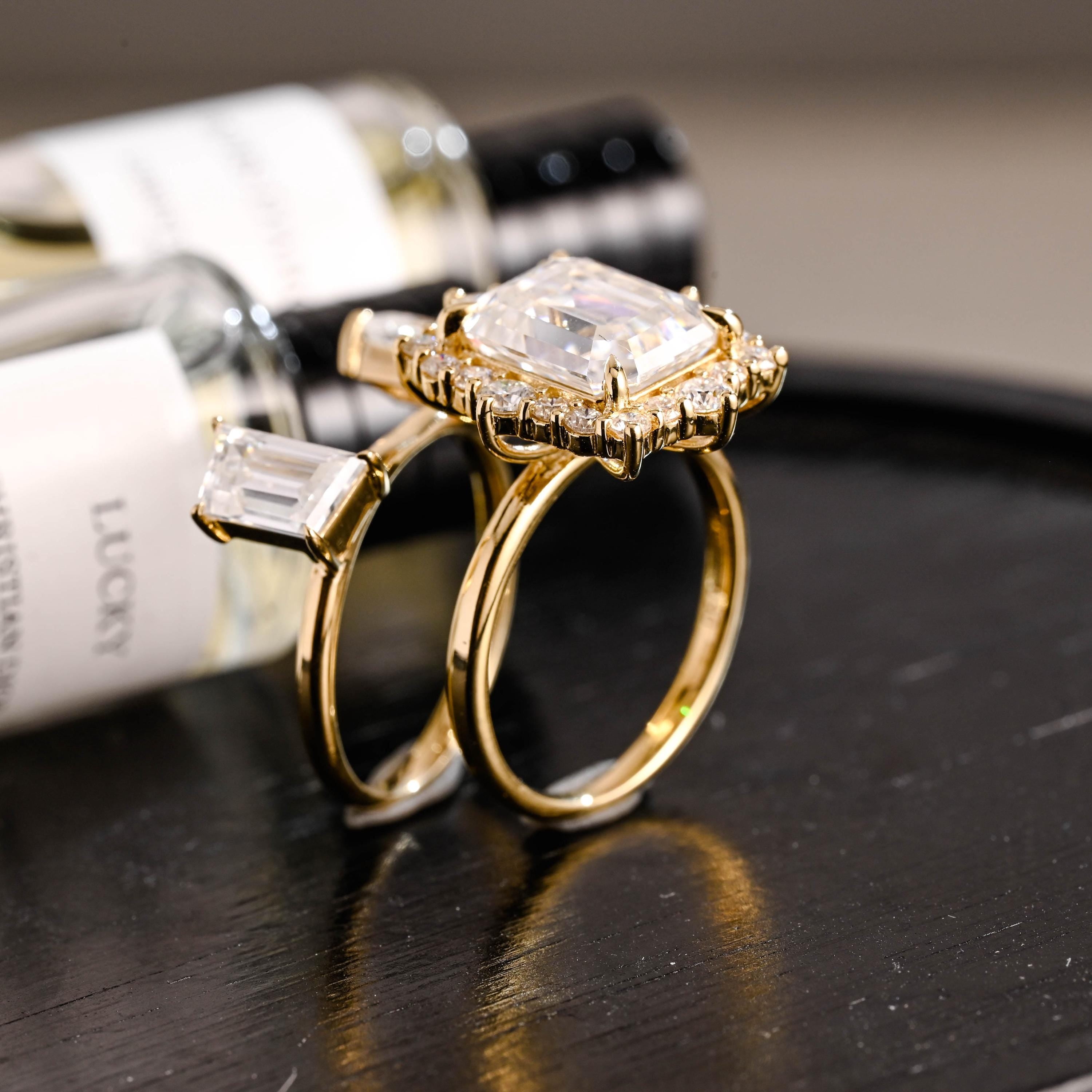 Solid Gold Emerald Cut Moissanite Engagement Ring Set, Bridal Set, Trapezoid Cut Wedding Band
