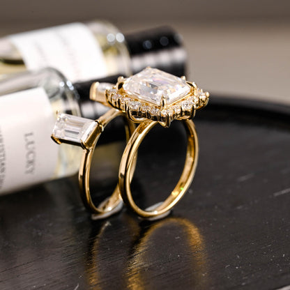 Solid Gold Emerald Cut Moissanite Engagement Ring Set, Bridal Set, Trapezoid Cut Wedding Band