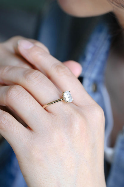 Solid Gold Hidden Halo Radiant Moissanite Engagement Ring, Cathedral Proposal Ring
