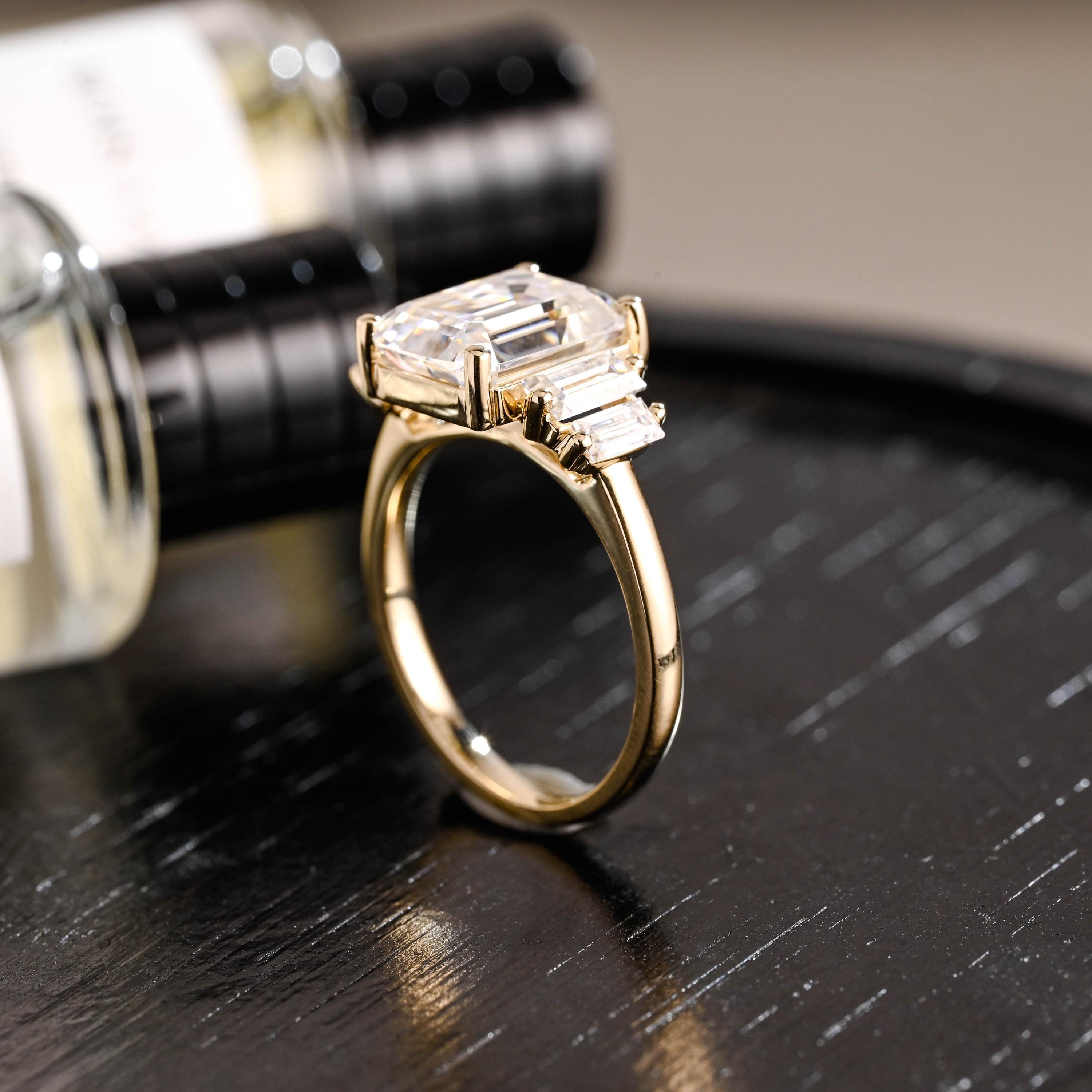 Solid Gold Emerald Cut Moissanite Engagement Ring, Proposal Ring, Promise Ring, Wedding Ring, Anniversary Gift Birthday Gift for Women