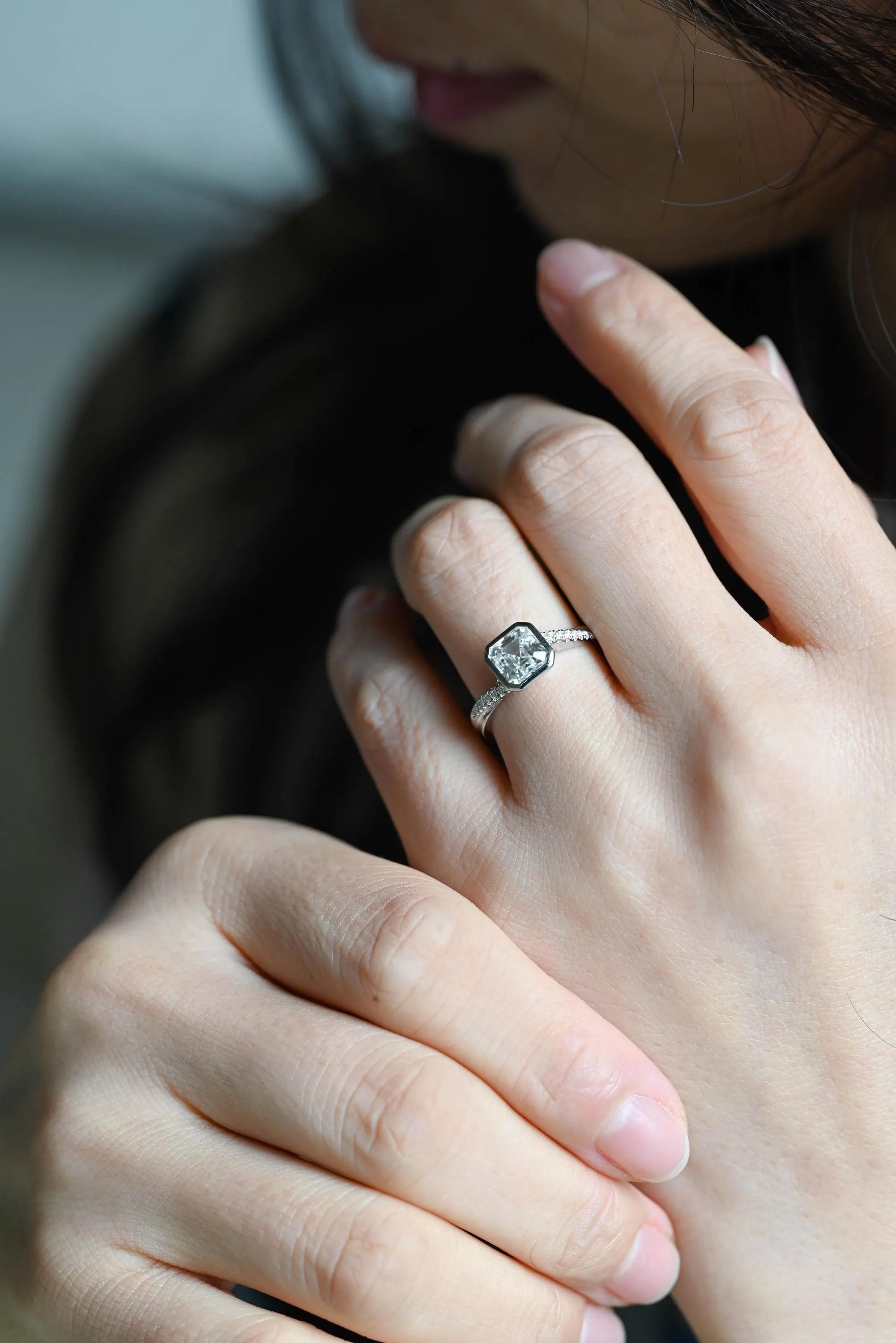 Solid Gold Asscher Cut Moissanite Engagement Ring, Anniversary Gift Birthday Gift for Women Wife