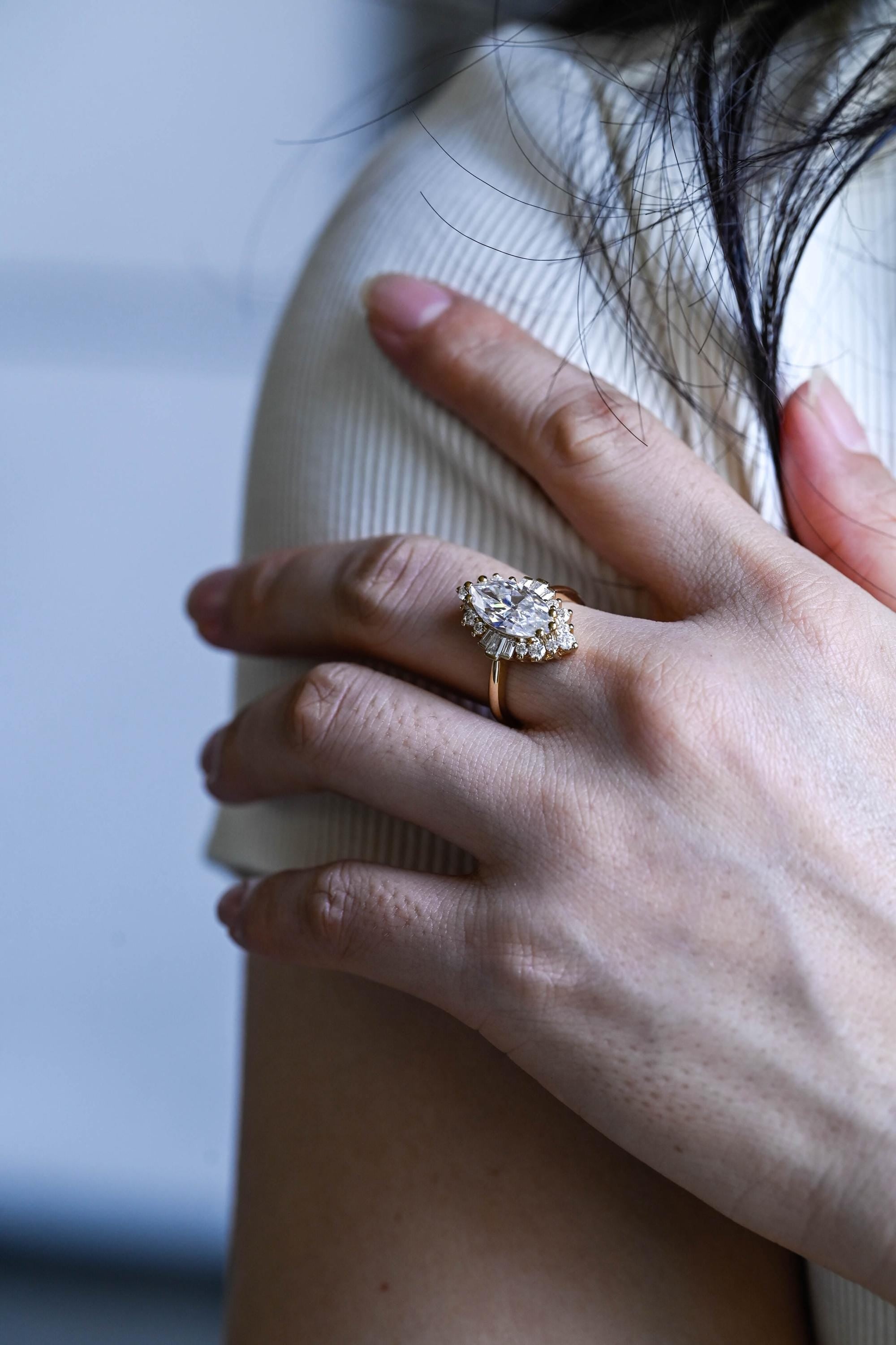 Starburst Marquise Moissanite Engagement Ring, Solid Gold Promise Ring