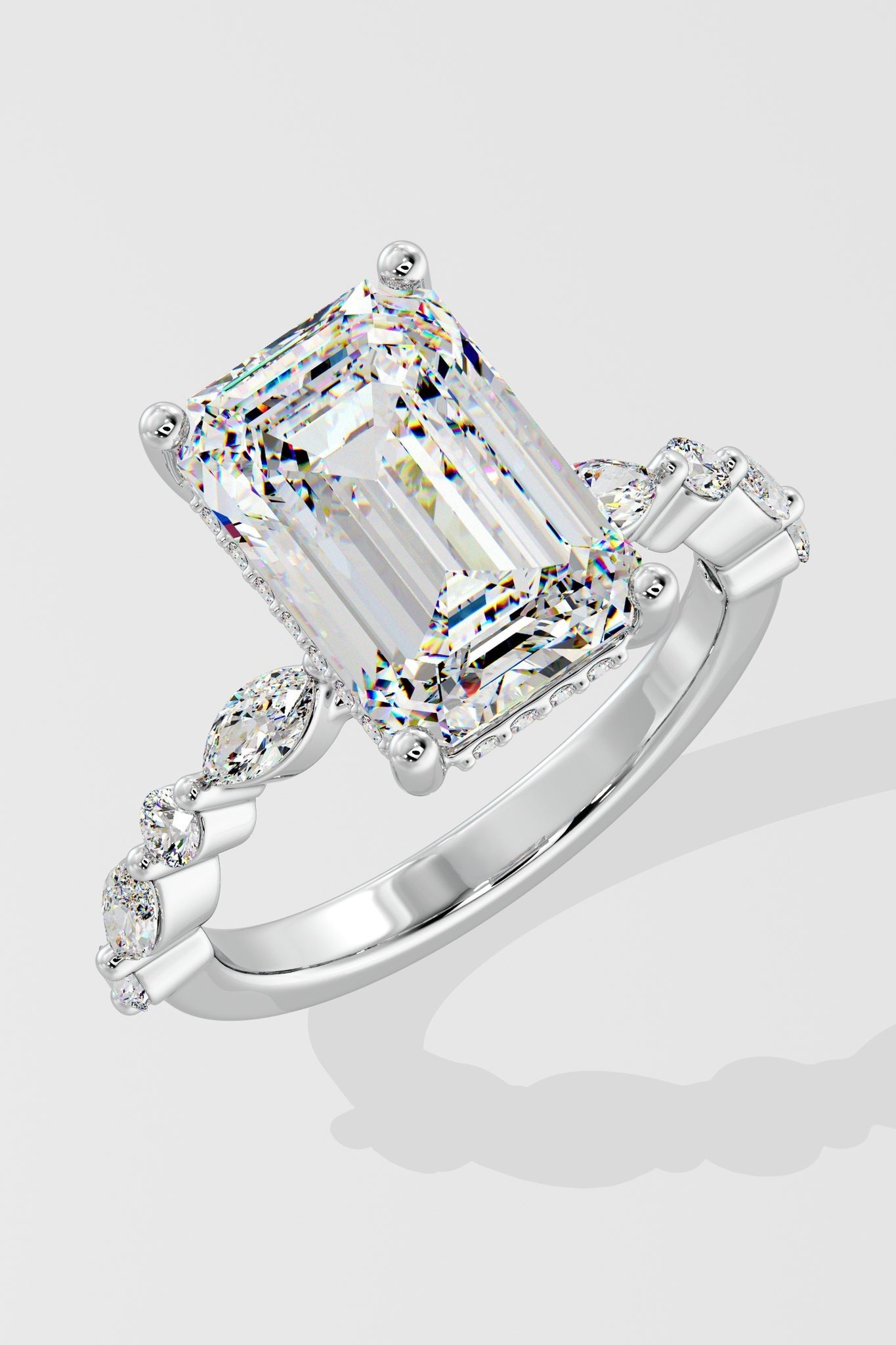 Exquisite 3 CT Emerald-Cut Lab-Grown Diamond 4-Prong Pave-Set Solitaire Ring
