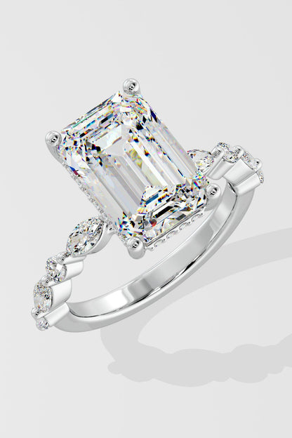 Exquisite 3 CT Emerald-Cut Lab-Grown Diamond 4-Prong Pave-Set Solitaire Ring