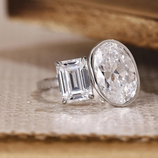 5.50 TCW Emerald Prong With Oval Bezel Colorless Moissanite Diamond Two Stone Ring Unique You And Me Ring, Awesome Ring For Anniversary Gift