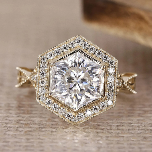 Vintage Style Hexagon Cut Moissanite Ring, Halo Engagement Ring, Milgrain Twisted Shank Bridal Ring