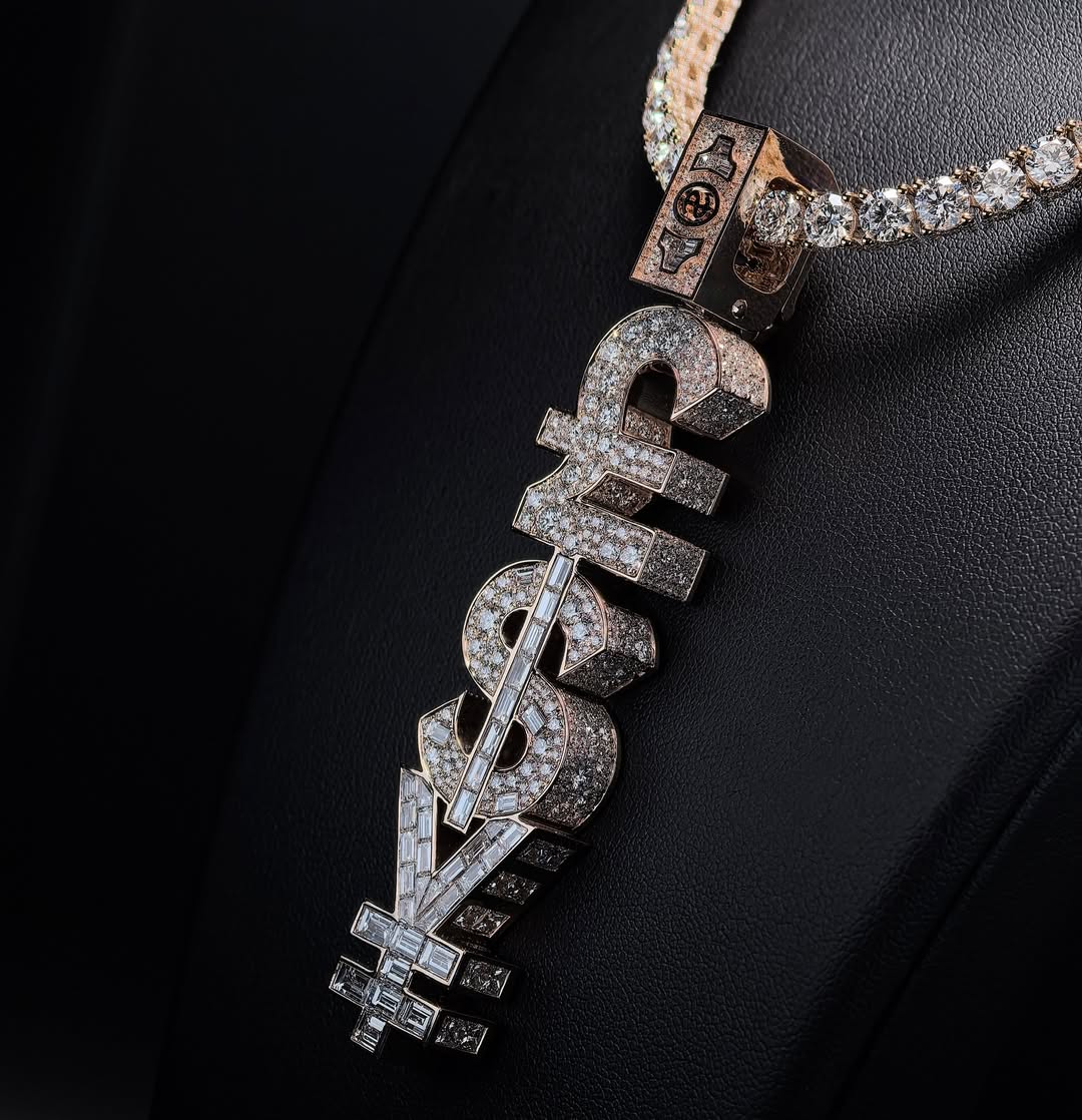 Custom Fully Iced VVS Moissanite Golden Font & $ Pendant