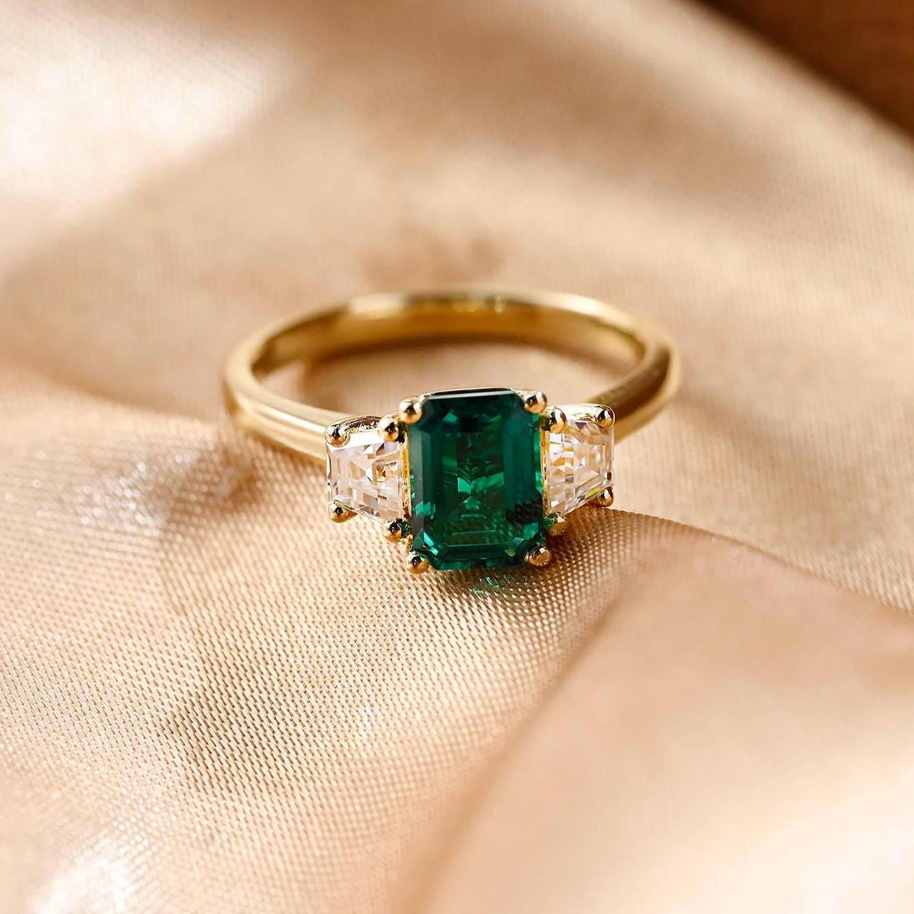 Lab Grown Emerald Engagement Ring, Three Trapezoid Moissanite Wedding Ring, Anniversary Emerald Gemstone Ring, Moissanite Gift, Emerald Ring