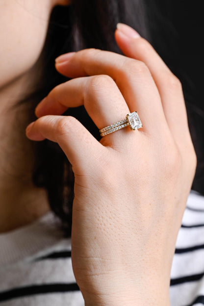 Solid Gold Half Pave Hidden Halo Radiant Cut Moissanite Engagement Ring