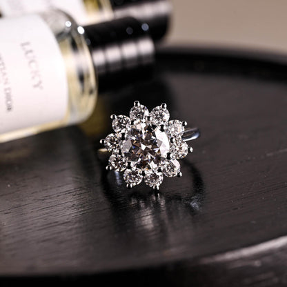 Solid Gold Low Profile Sunflower Cluster Round Cut Moissanite Engagement Ring