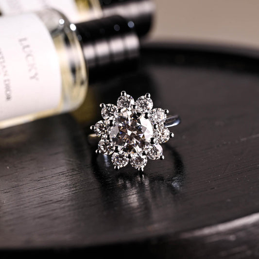 Solid Gold Low Profile Sunflower Cluster Round Cut Moissanite Engagement Ring