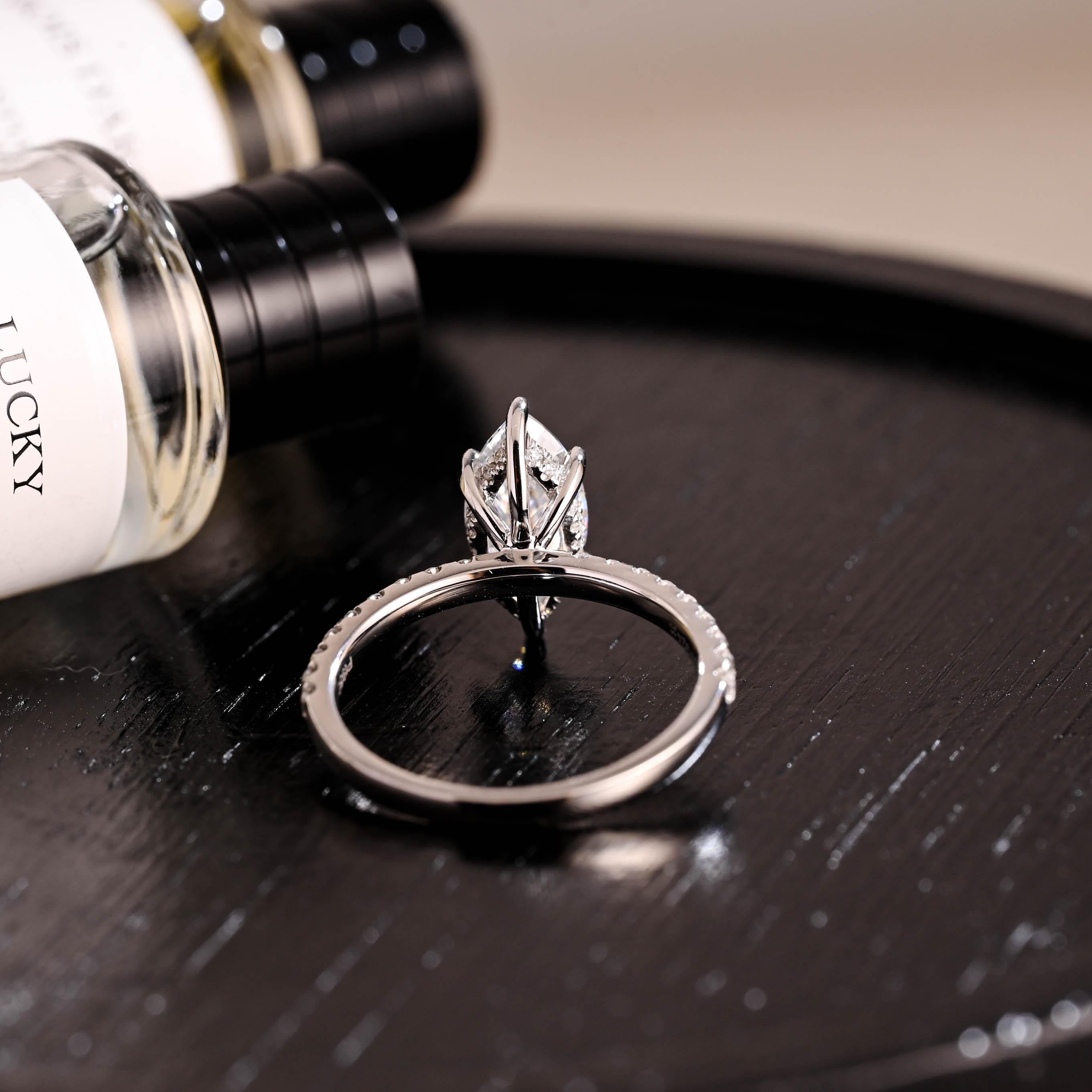 Solid Gold Hidden Halo Marquise Moissanite Engagement Ring, Half Pave Band Ring