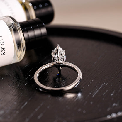 Solid Gold Hidden Halo Marquise Moissanite Engagement Ring, Half Pave Band Ring