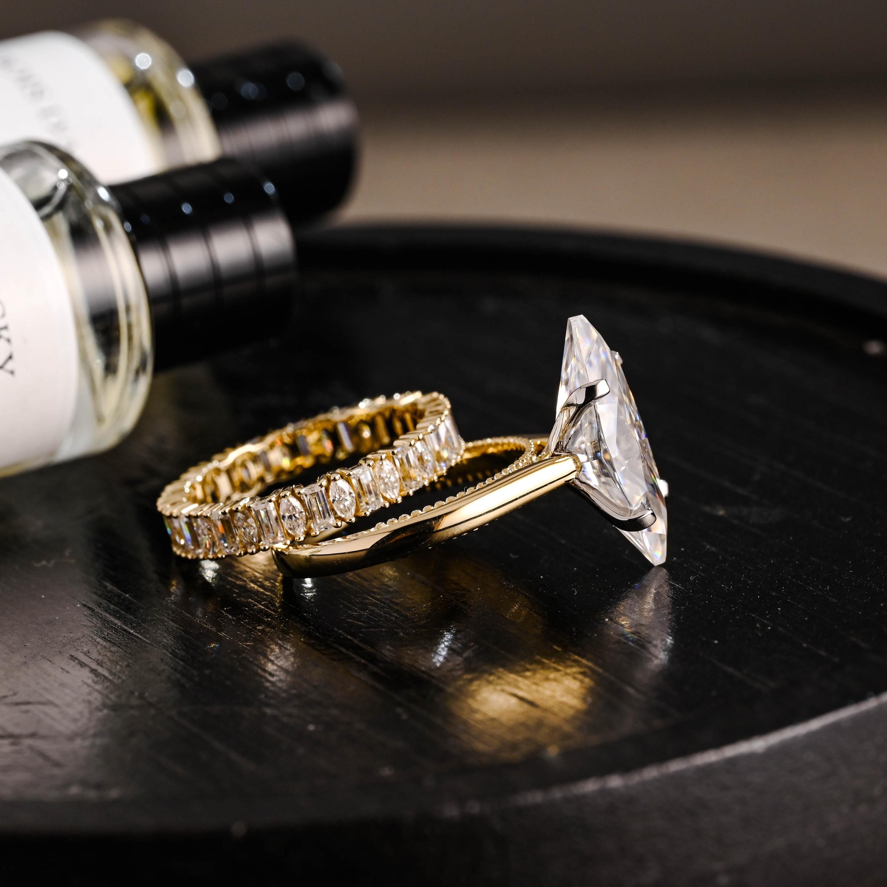 Beaded Marquise Moissanite Engagement Ring Set, Solid Gold Bridal Set, Emerald Cut Wedding Ring