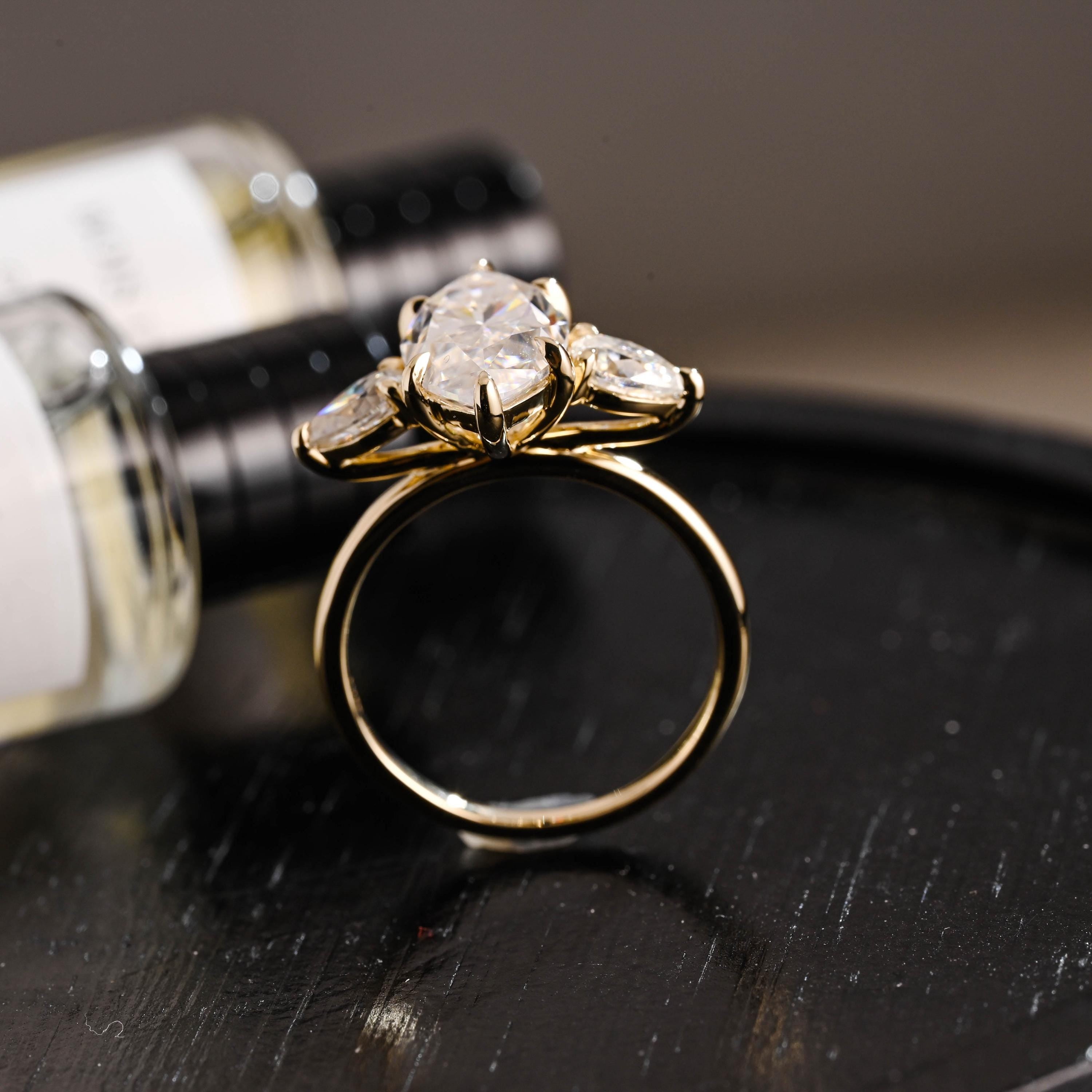 Solid Gold Marquise Moissanite Three Stone Engagement Ring, Pear Cut Accent Promise Ring