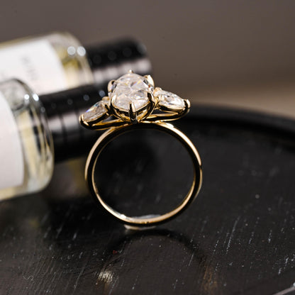 Solid Gold Marquise Moissanite Three Stone Engagement Ring, Pear Cut Accent Promise Ring