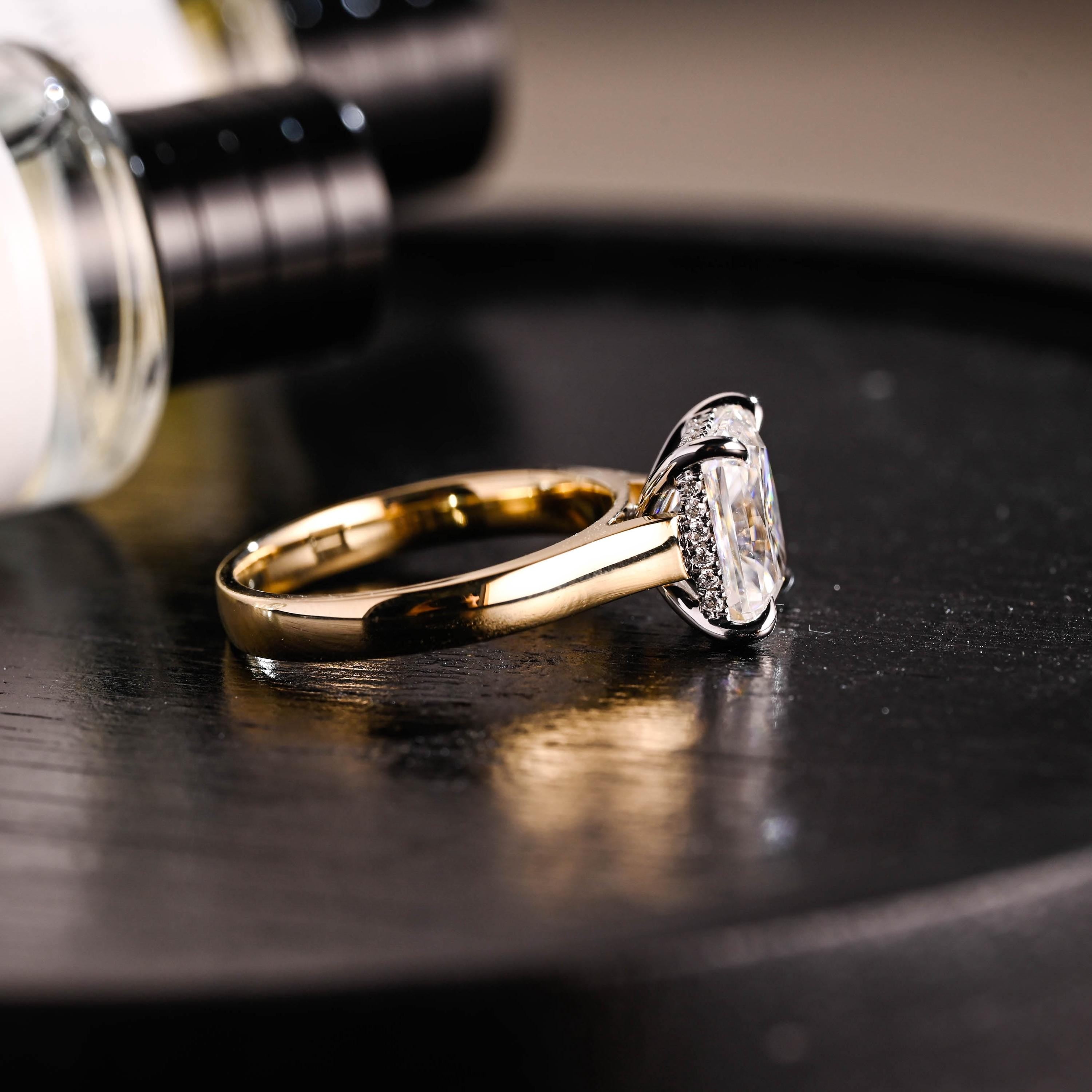 Solid Gold Cathedral Setting Two Tone Hidden Halo Radiant Cut Moissanite Engagement Ring
