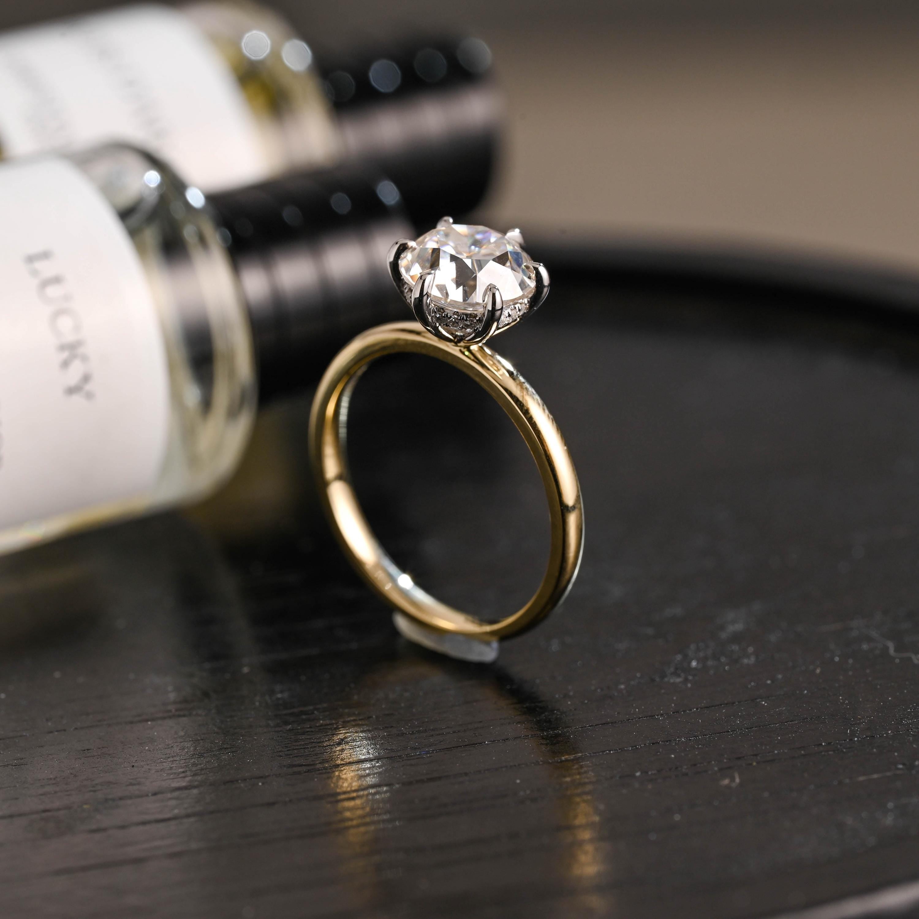 Two-Tone Solid Gold Round Cut Moissanite Engagement Ring, Hidden Halo Promise Ring, Anniversary Gift for Women Wife