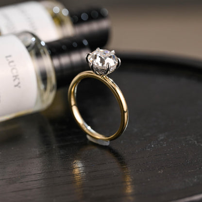 Two-Tone Solid Gold Round Cut Moissanite Engagement Ring, Hidden Halo Promise Ring, Anniversary Gift for Women Wife