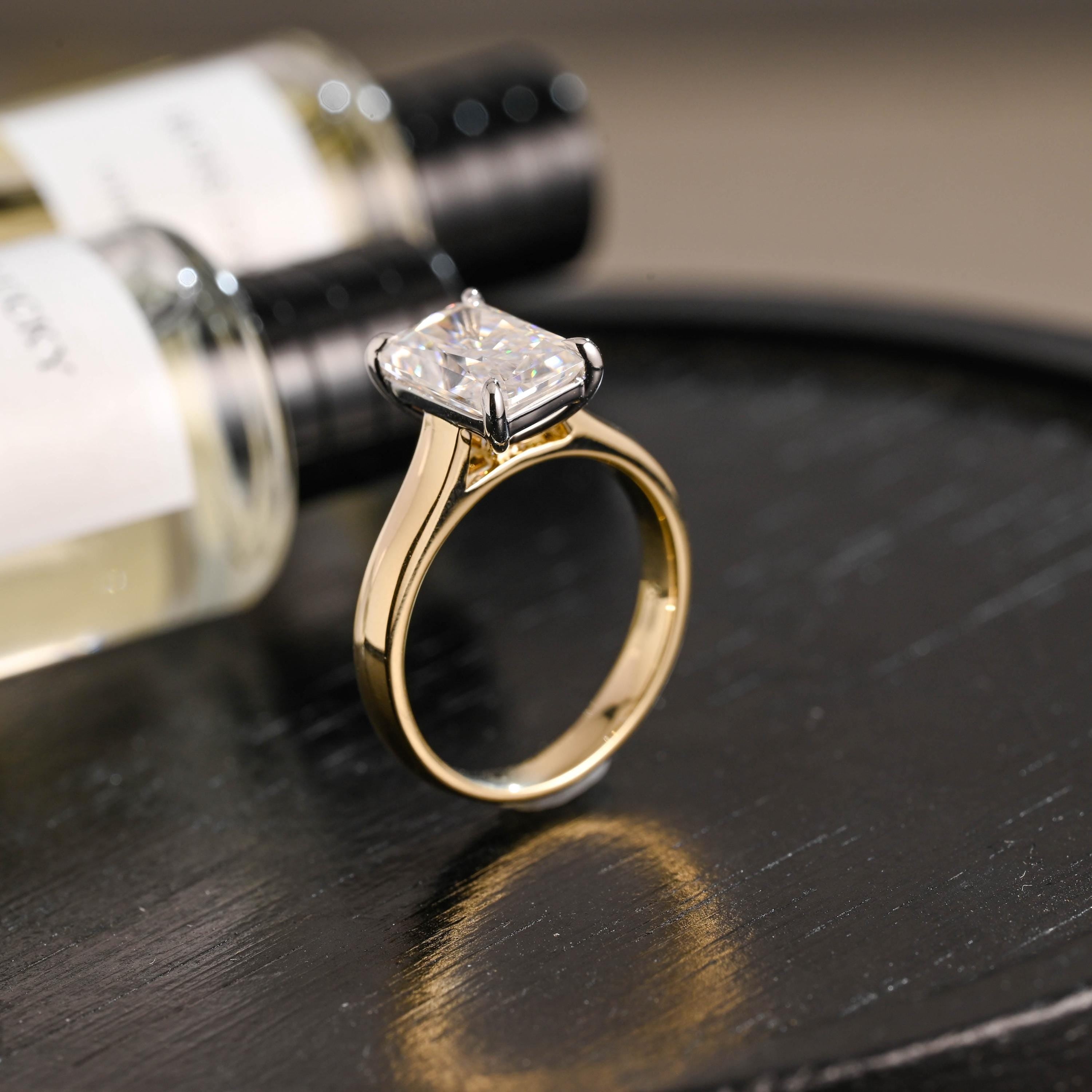Solid Gold Two Tone 3mm Radiant Cut Moissanite Engagement Ring, Anniversary Gift for Her