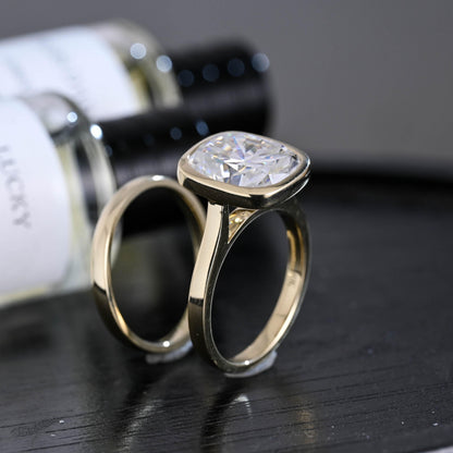 Solid Gold Bezel Elongated Cushion Cut Moissanite Engagement Ring Set, Wedding Ring Set, Bridal Set