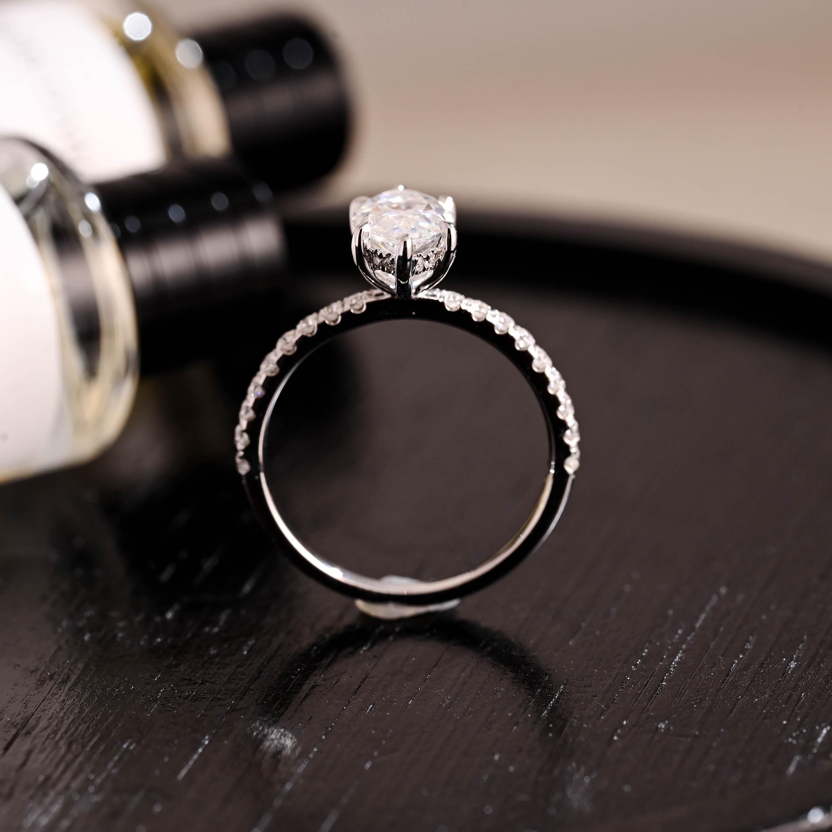 Solid Gold Hidden Halo Marquise Moissanite Engagement Ring, Half Pave Band Ring