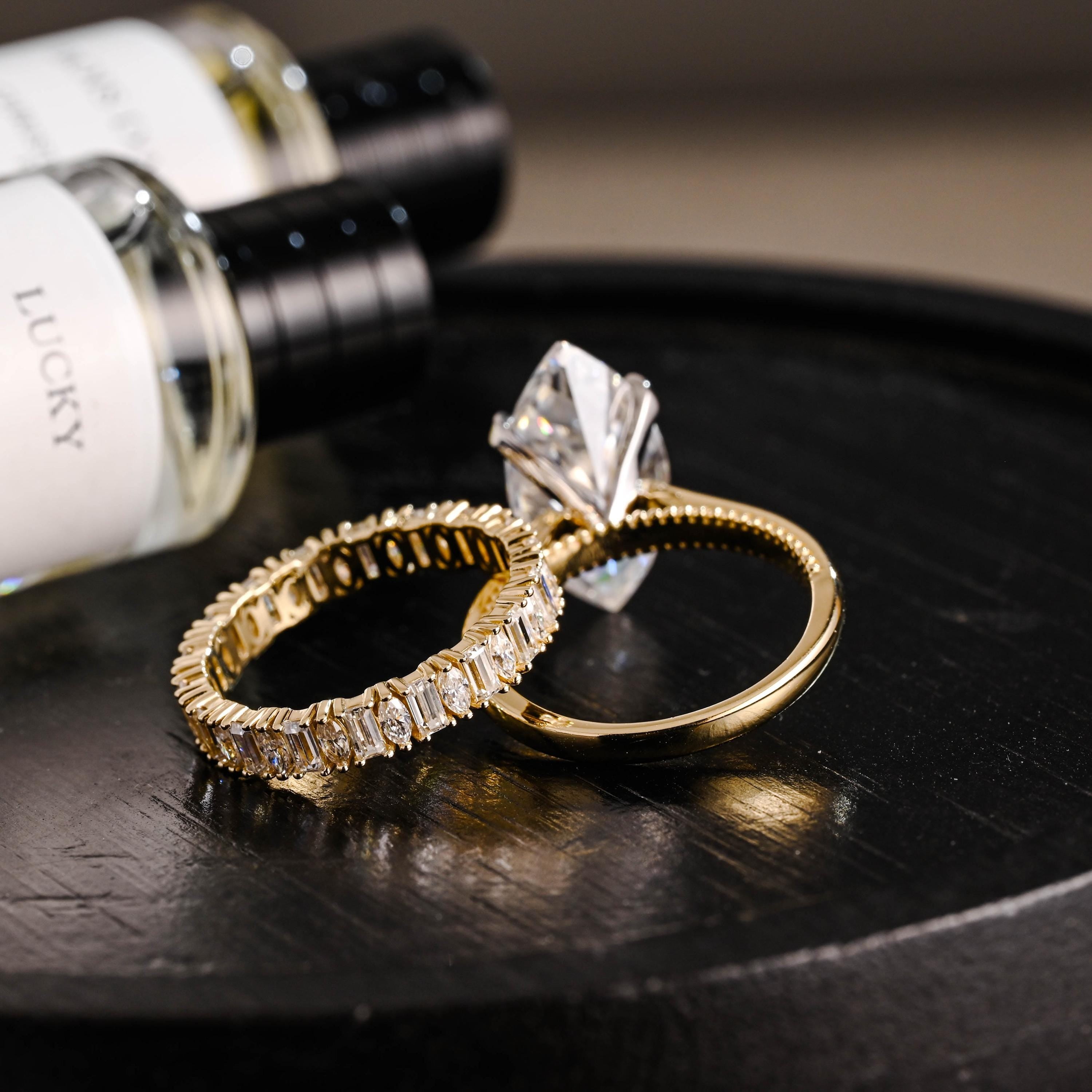 Beaded Marquise Moissanite Engagement Ring Set, Solid Gold Bridal Set, Emerald Cut Wedding Ring