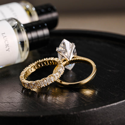 Beaded Marquise Moissanite Engagement Ring Set, Solid Gold Bridal Set, Emerald Cut Wedding Ring