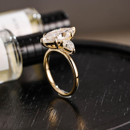 Solid Gold Marquise Moissanite Three Stone Engagement Ring, Pear Cut Accent Promise Ring