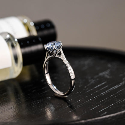 Solid Gold Round Cut Blue Moissanite Engagement Ring, Pave Band Wedding Ring, Birthday Gift for Women