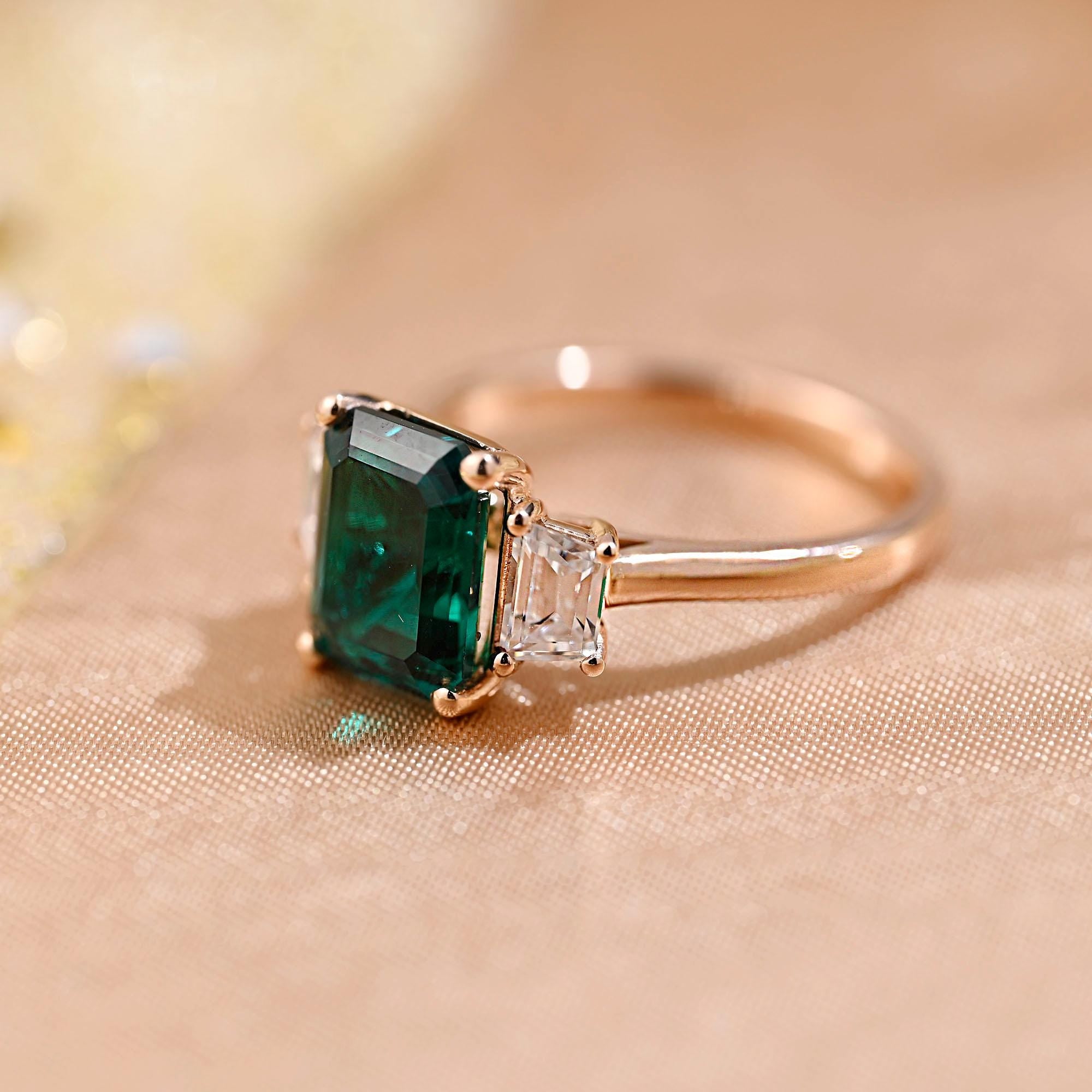 Lab Grown Emerald Engagement Ring, Three Trapezoid Moissanite Wedding Ring, Anniversary Emerald Gemstone Ring, Moissanite Gift, Emerald Ring