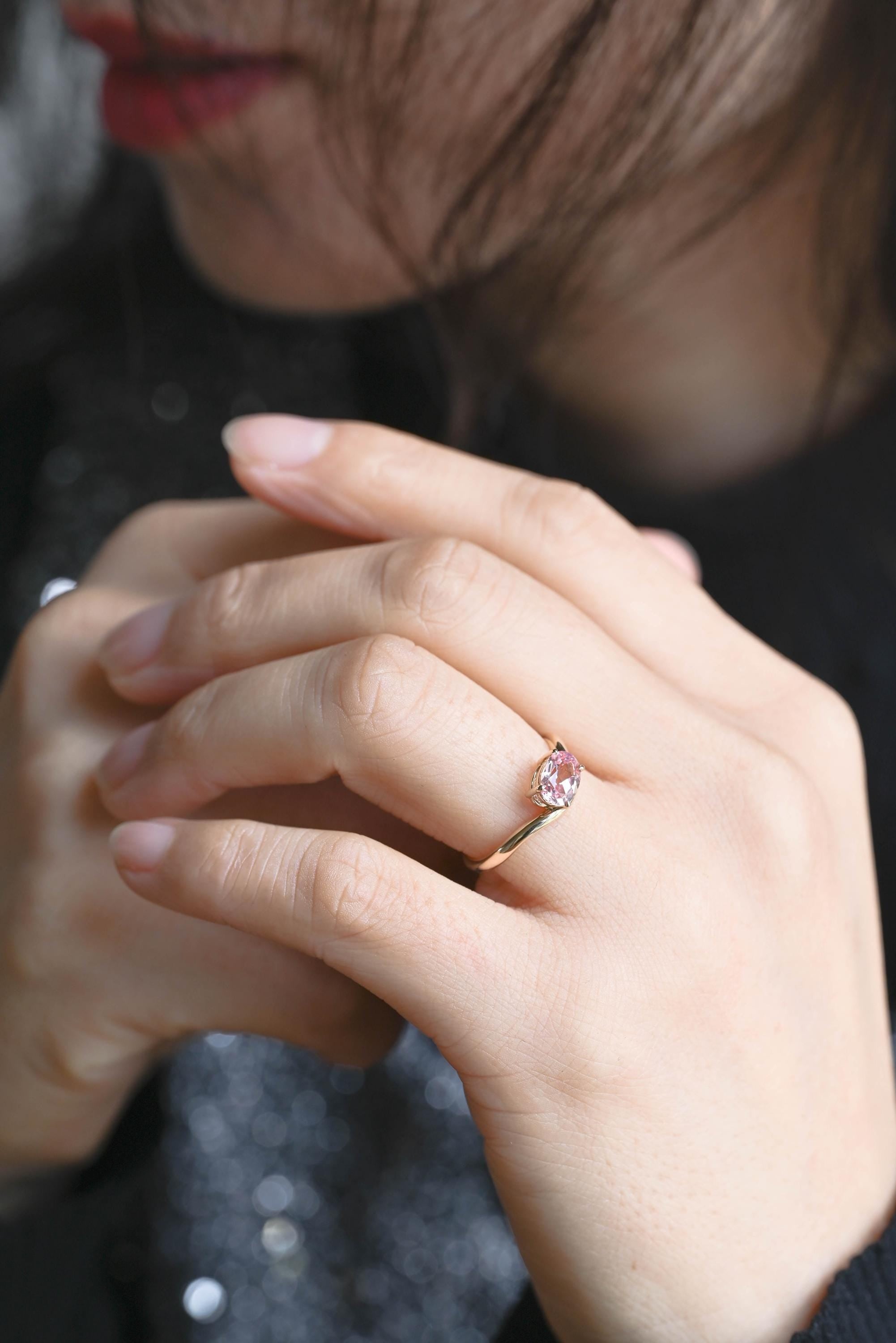 Solid Gold Oval Cut Solitaire Lab Grown Pink Sapphire Engagement Ring, Gift for Women