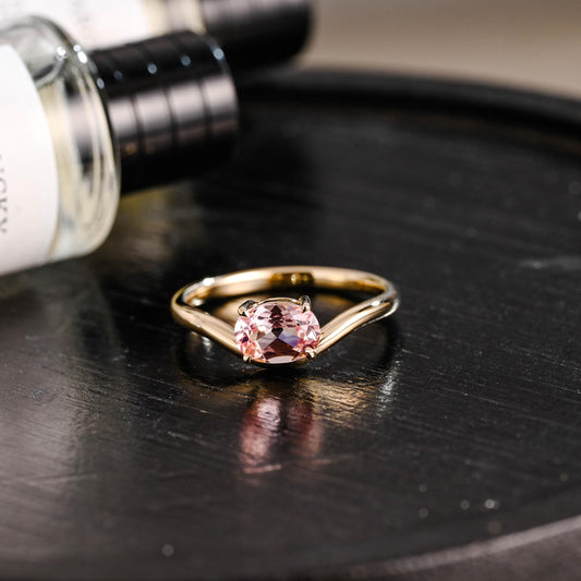 Solid Gold Oval Cut Solitaire Lab Grown Pink Sapphire Engagement Ring, Gift for Women