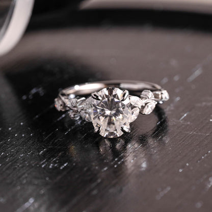 Solid Gold Low Setting Oval Cut Moissanite Engagement Ring, Side Cluster Wedding Ring