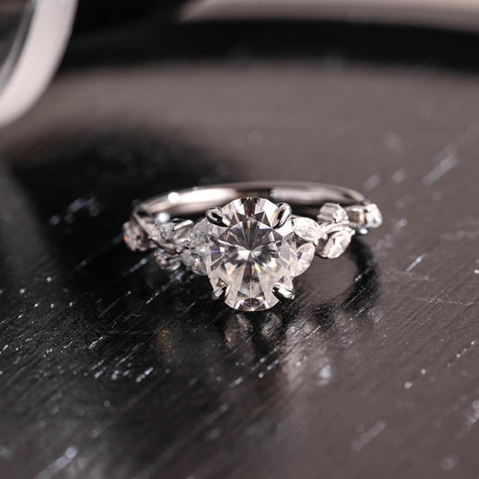 Solid Gold Low Setting Oval Cut Moissanite Engagement Ring, Side Cluster Wedding Ring