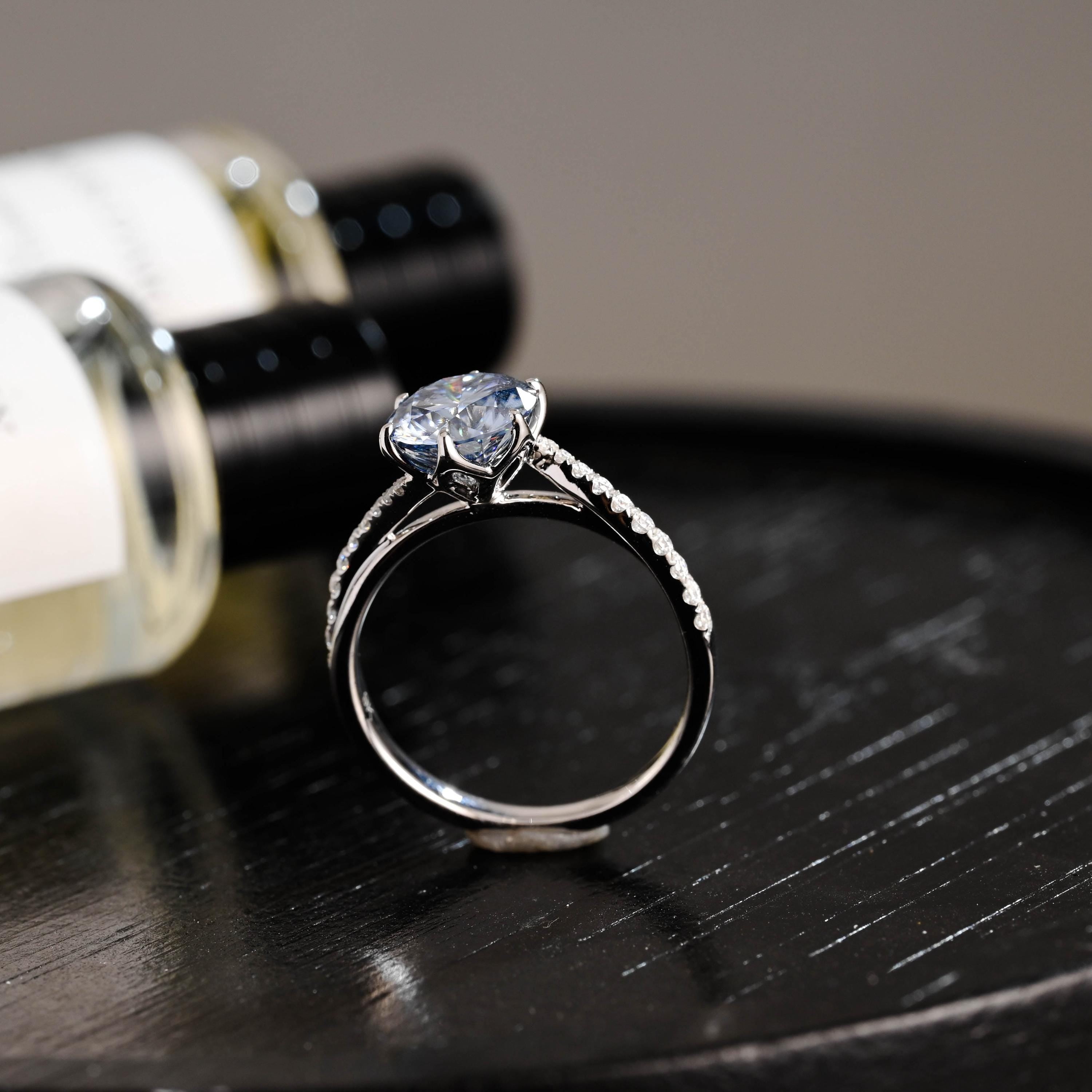 Solid Gold Round Cut Blue Moissanite Engagement Ring, Pave Band Wedding Ring, Birthday Gift for Women