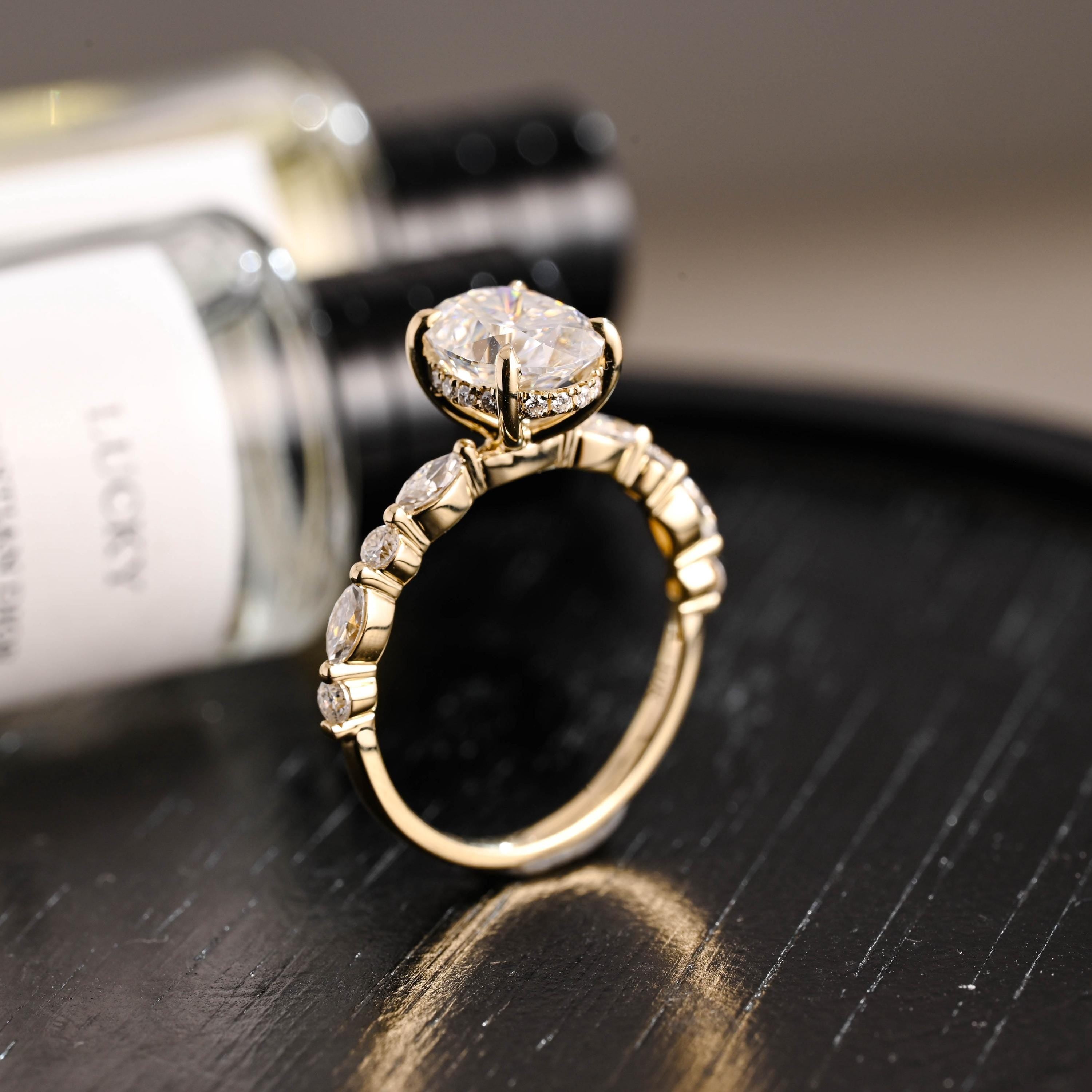Solid Gold Oval Cut Moissanite Engagement Ring, Anniversary Gift Birthday Gift for Women