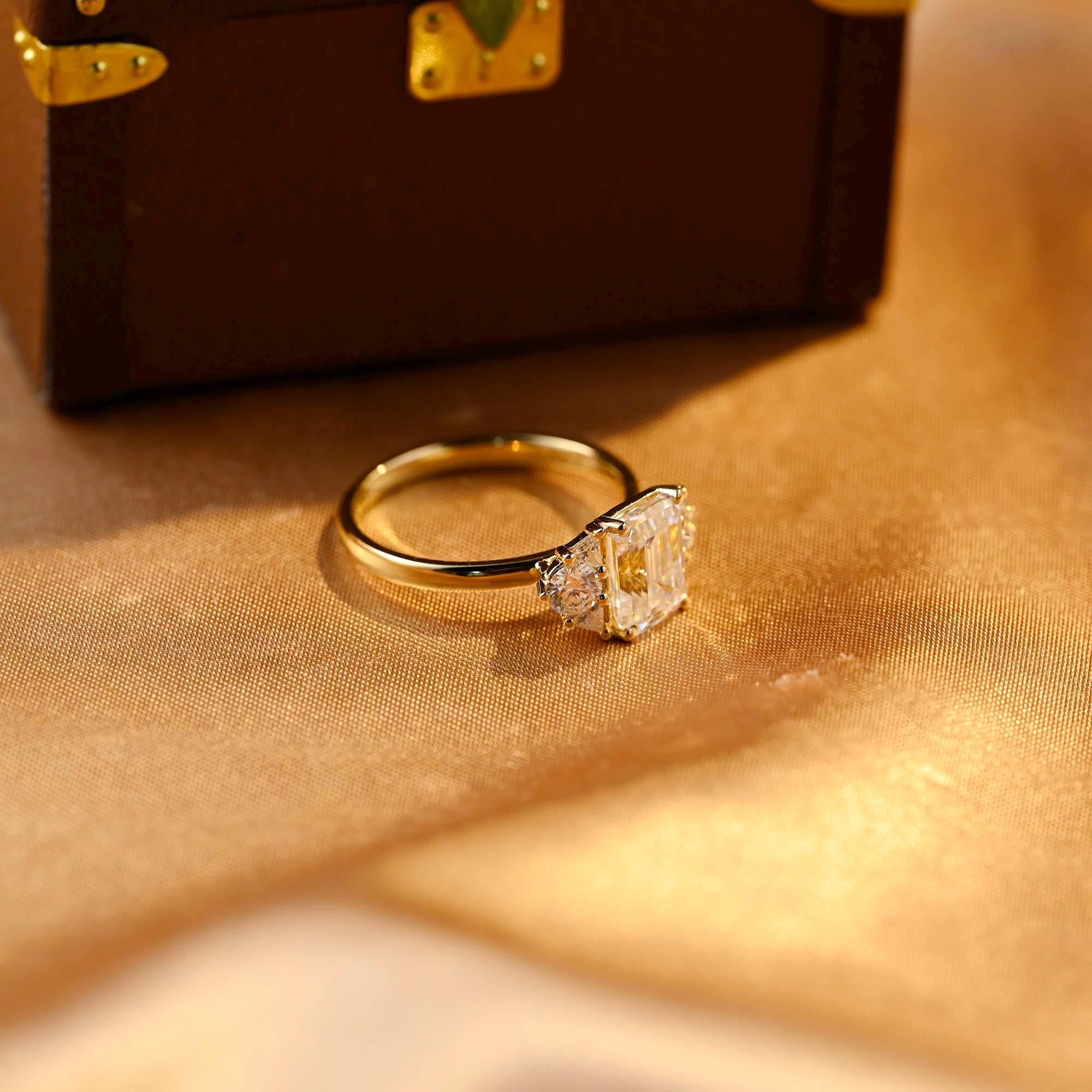 Three Stone Emerald Cut Moissanite Engagement Ring, Side Cluster Emerald Cut Moissanite Wedding Ring, Anniversary Ring, Moissanite Gifts