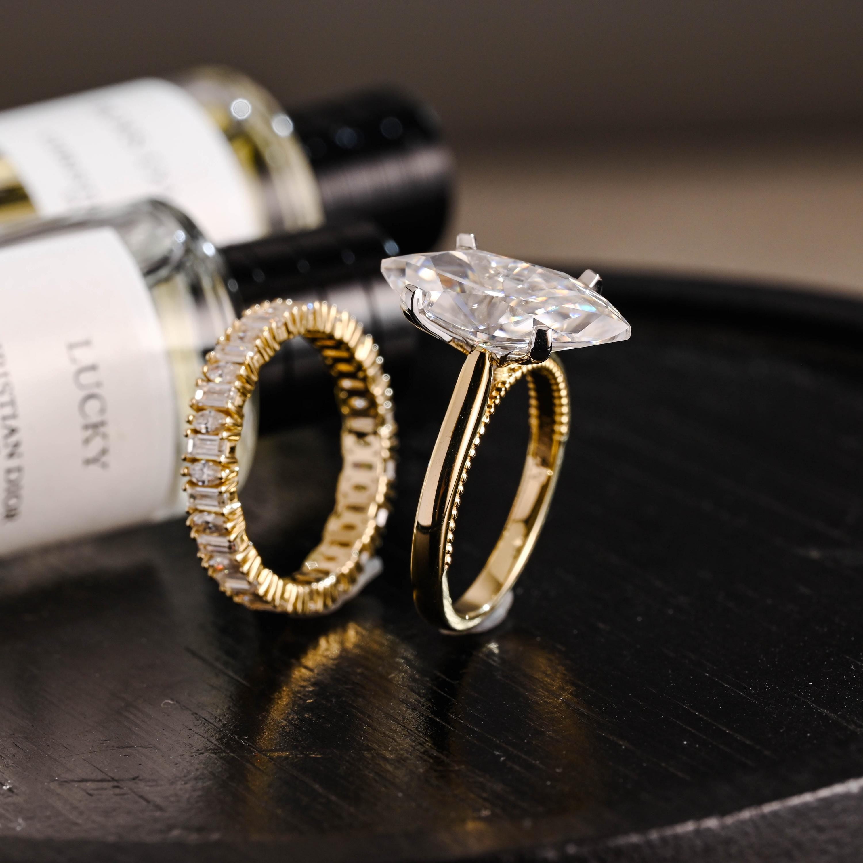 Beaded Marquise Moissanite Engagement Ring Set, Solid Gold Bridal Set, Emerald Cut Wedding Ring
