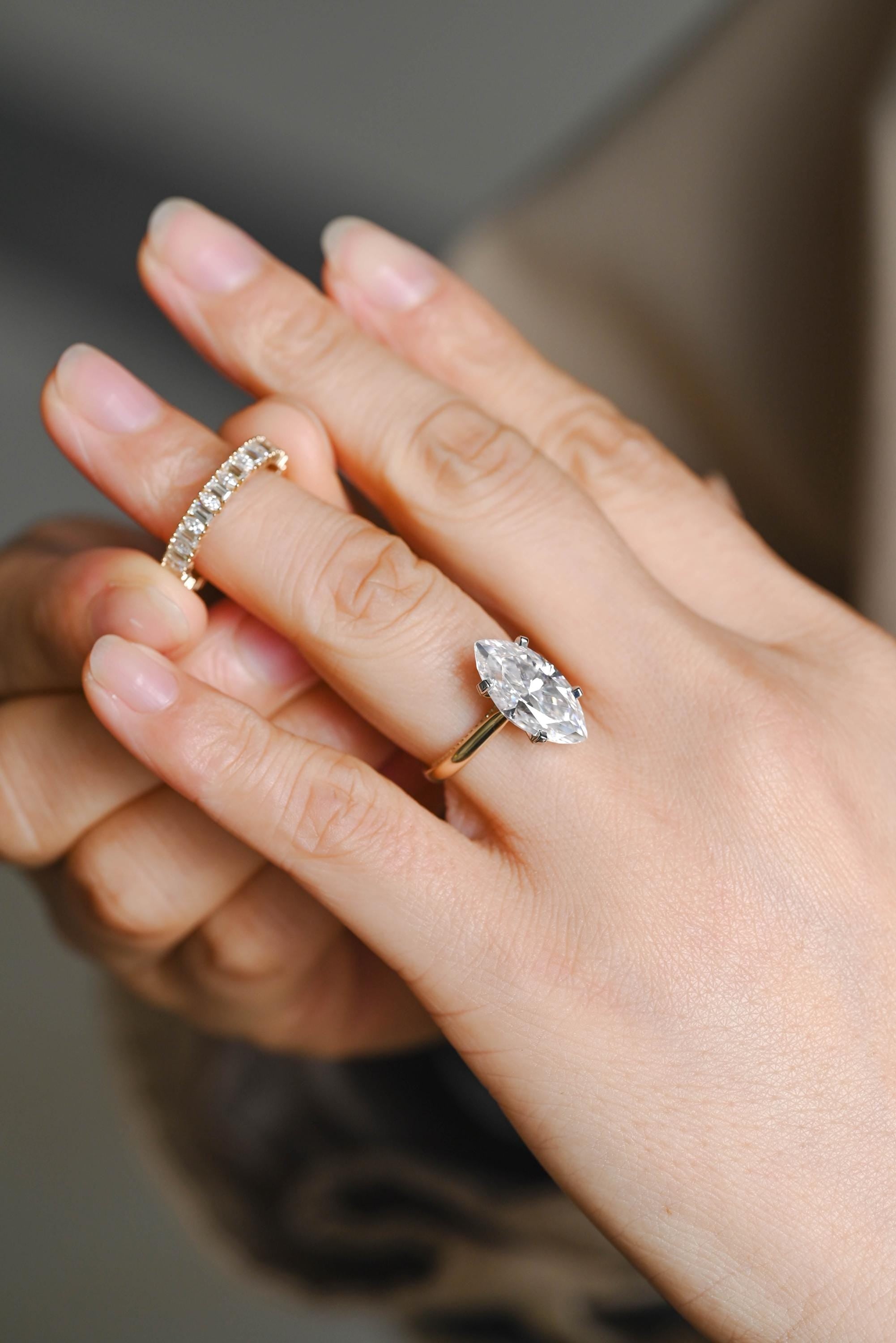 Beaded Marquise Moissanite Engagement Ring Set, Solid Gold Bridal Set, Emerald Cut Wedding Ring