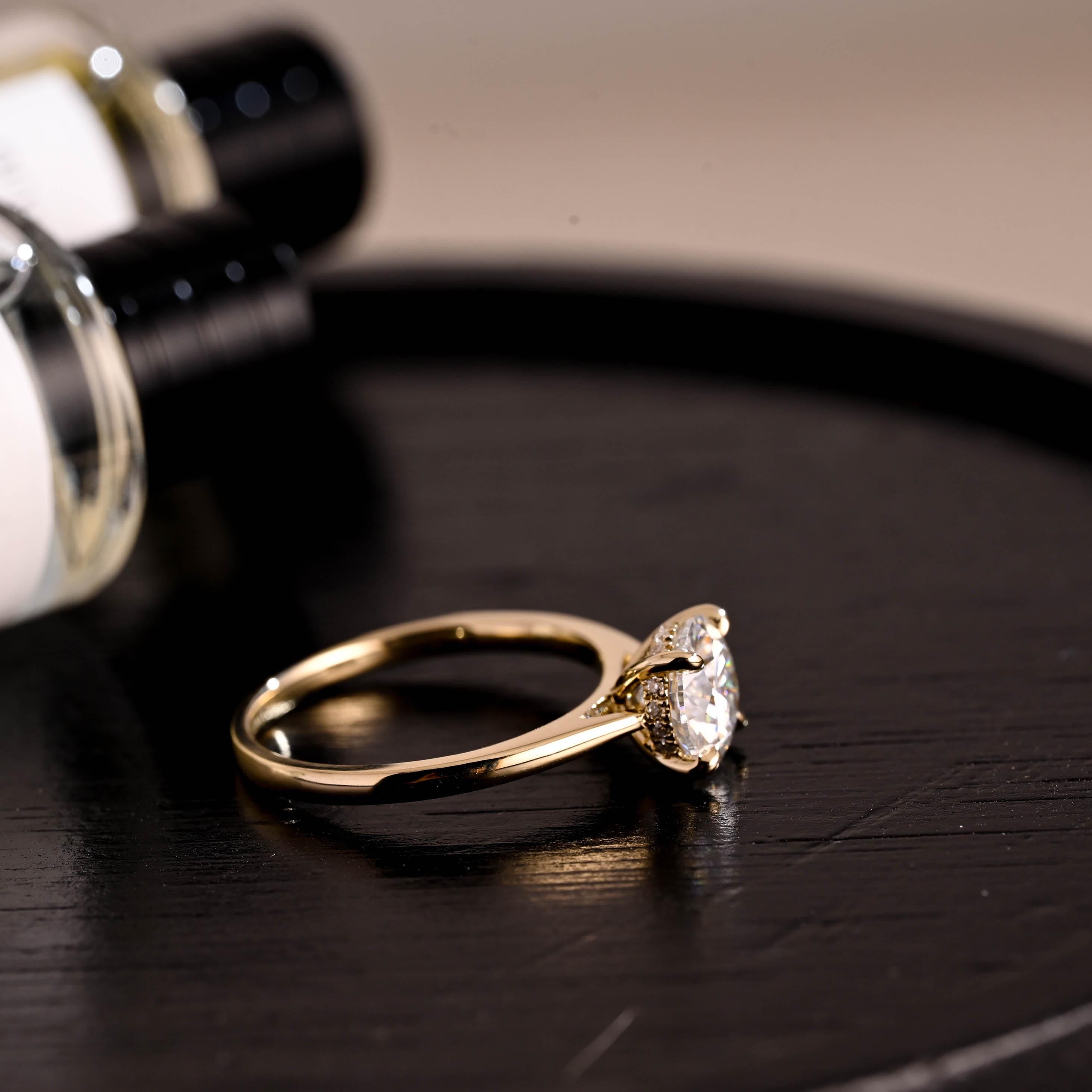 Hidden HaloCathedral Setting Round Cut Moissanite Engagement Ring, Solid Gold Classic 4 Prongs Anniversary Ring