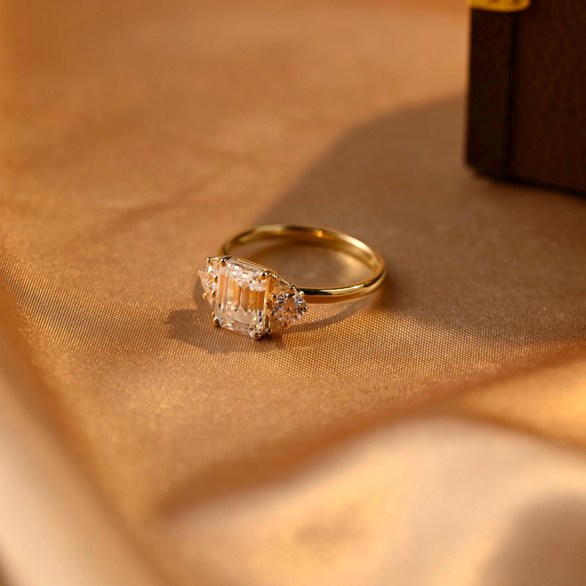 Three Stone Emerald Cut Moissanite Engagement Ring, Side Cluster Emerald Cut Moissanite Wedding Ring, Anniversary Ring, Moissanite Gifts