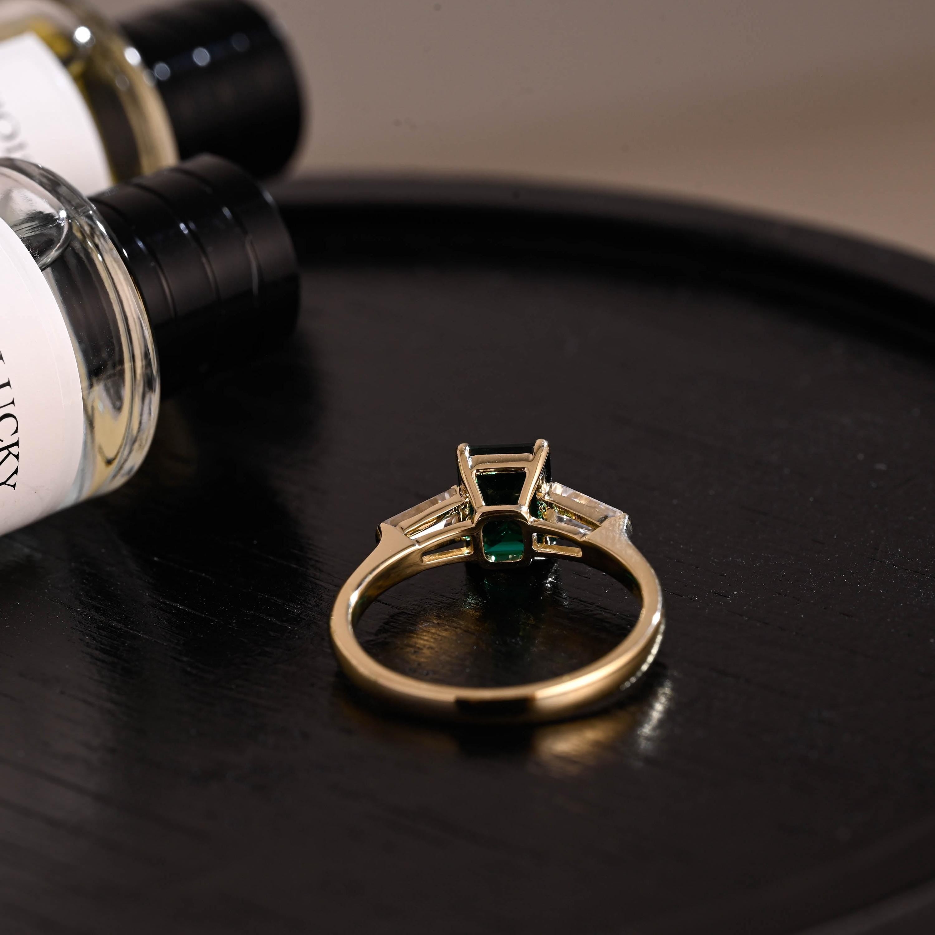 Lab Grown Emerald Engagement Ring, Three Trapezoid Moissanite Wedding Ring, Anniversary Emerald Gemstone Ring, Moissanite Ring, Emerald Ring