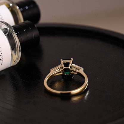 Lab Grown Emerald Engagement Ring, Three Trapezoid Moissanite Wedding Ring, Anniversary Emerald Gemstone Ring, Moissanite Ring, Emerald Ring