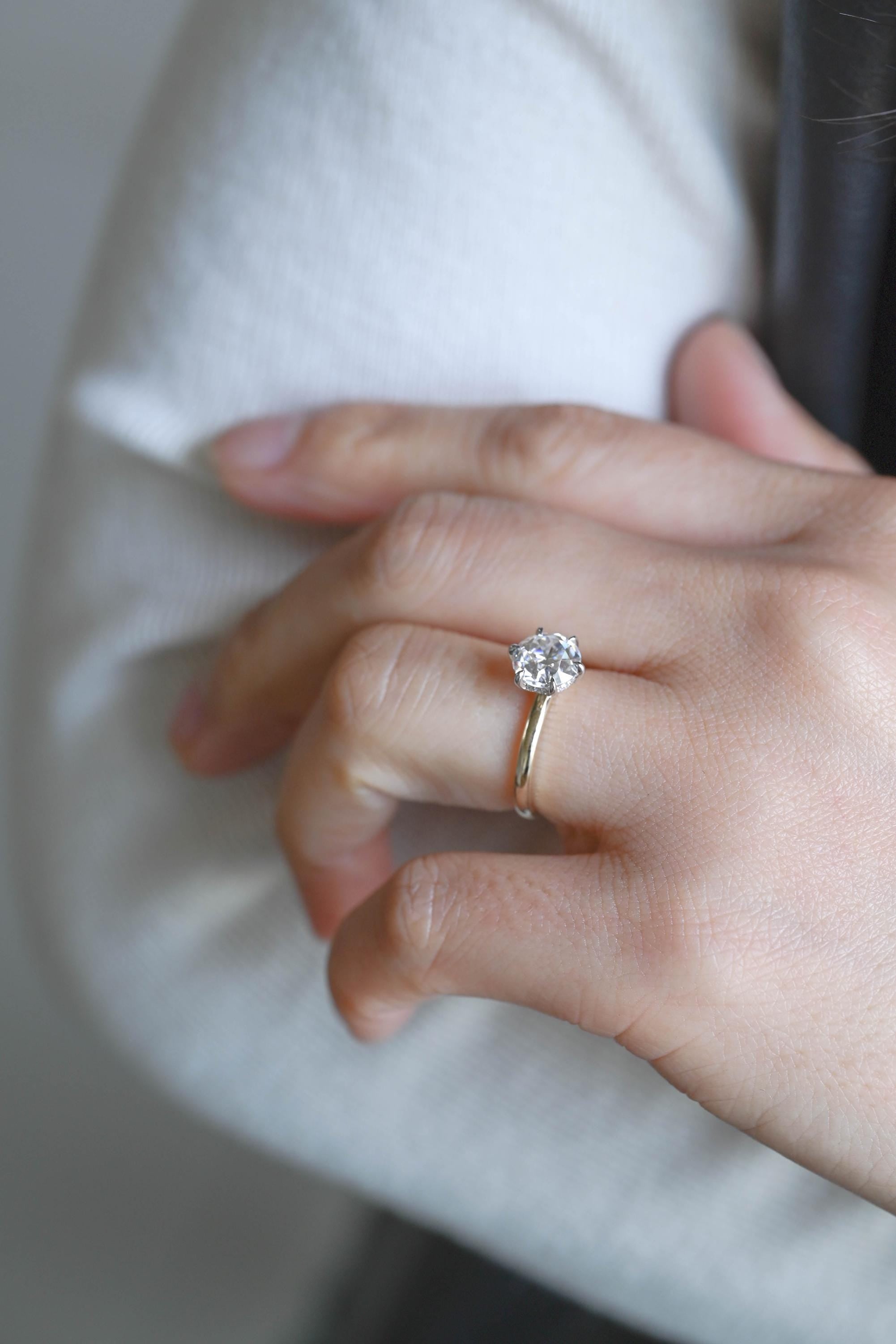 Two-Tone Solid Gold Round Cut Moissanite Engagement Ring, Hidden Halo Promise Ring, Anniversary Gift for Women Wife