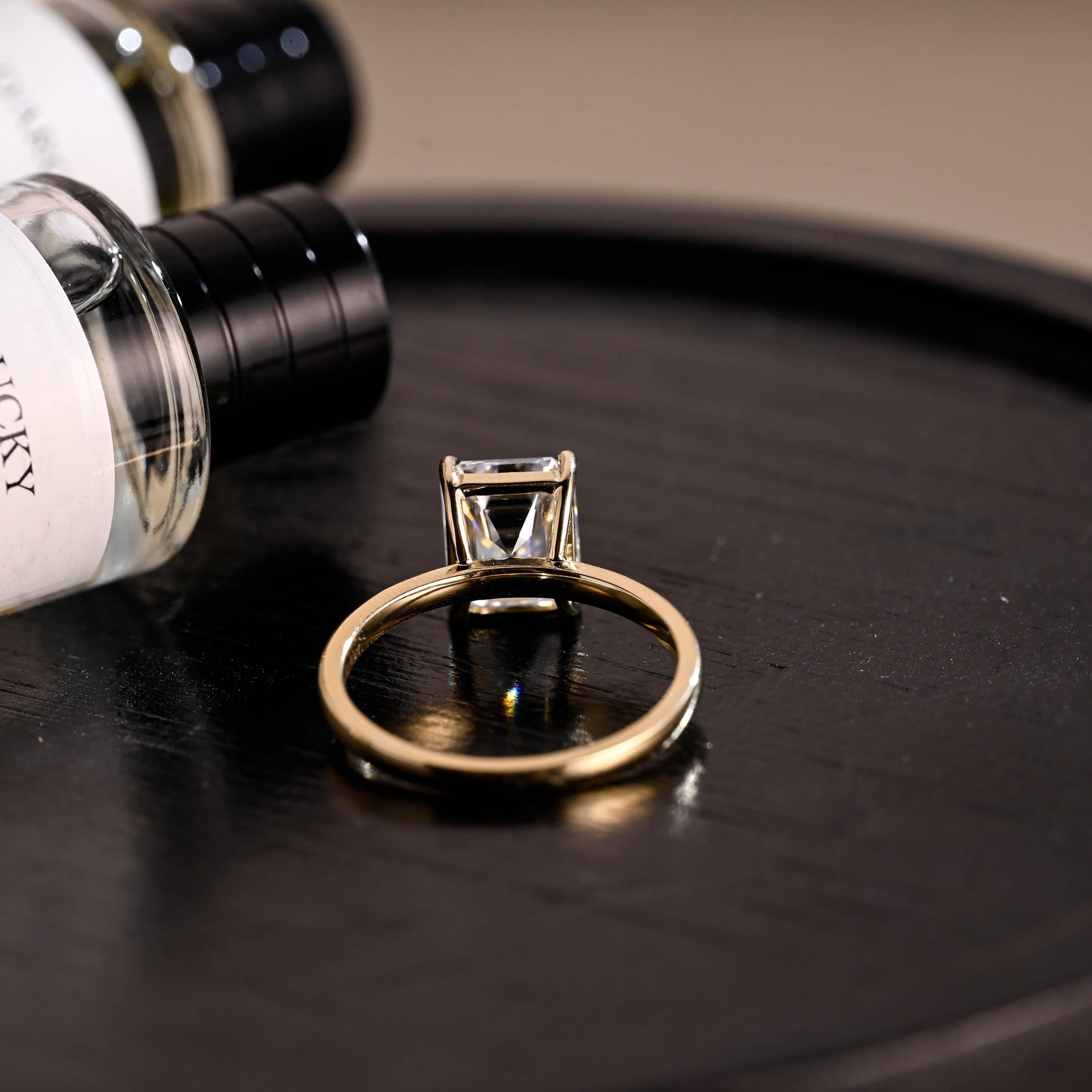 Solid Gold Emerald Cut Moissanite Engagement Ring, Solitaire Emerald Cut Wedding Ring